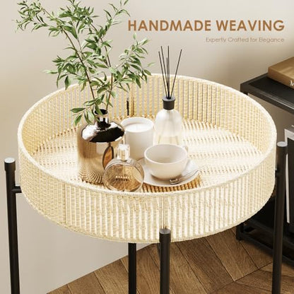 Bamworld Round Side Table Set of 2 Nesting Tables Rattan Coffee Tables Boho End Tables for Living Room Bedside Tables for Small Spaces Hand Woven Night Stands with Metal Legs Natural