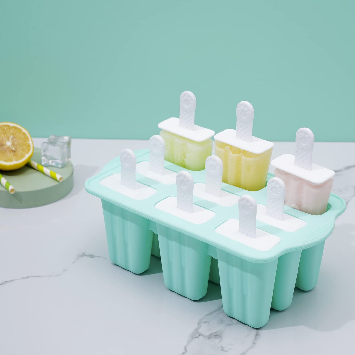 Popsicle Molds, 9 Pieces Silicone Ice Pop Molds Popsicle Mold Silicone BPA Free Reusable Sticks Easy Release Ice Pop Make (Green, 9 CavitIES)