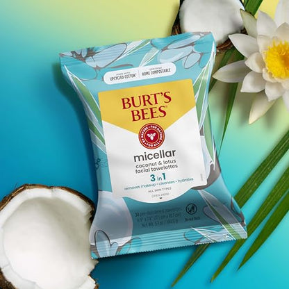 Burt's Bees Coconut & Lotus Face Wipes, for All Skin Types, College Back to School Dorm Essentials, Micellar Makeup Remover & Facial Cleansing Towelettes, 30 Ct. (3-Pack)