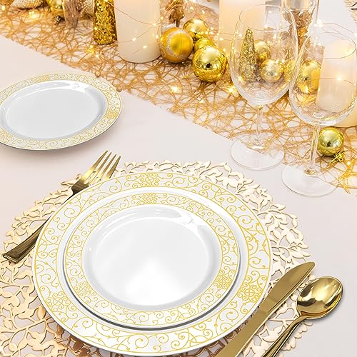 GreenElevate Easter Plastic Plates, 300 Pieces Disposable Plates for 50 Guests: 50 Dinner Plates, 50 Dessert Plates, 50 Cups, 50 Gold Plastic Silverware, Disposable Party Plates Set