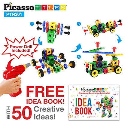 PicassoTiles STEM Learning Toys 201 Piece Building Block Kids Construction Engineering Kit Toy Blocks Children Early Education Playset w/Free IdeaBook, Power Drill, Clickable Ratchet, Age 3+ PTN201