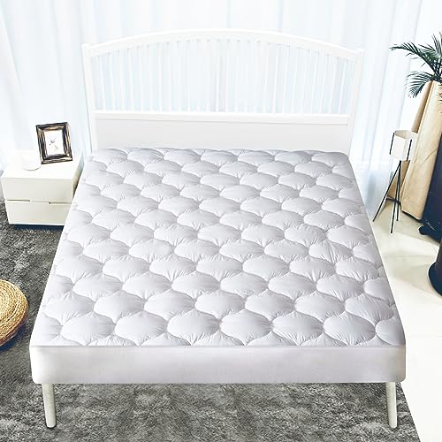 JURLYNE Mattress Pad Twin Size, Quilted Fitted Mattress Cover, Pillow Top with Fluffy Breathable 5D & 7D Spiral Fiber Filling, Cooling Mattress Topper Cover, Protector, White