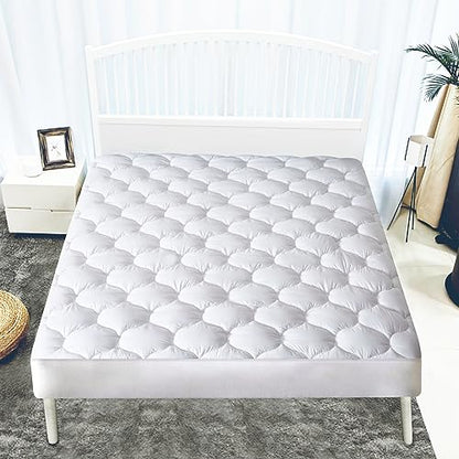 JURLYNE Mattress Pad Twin Size, Quilted Fitted Mattress Cover, Pillow Top with Fluffy Breathable 5D & 7D Spiral Fiber Filling, Cooling Mattress Topper Cover, Protector, White