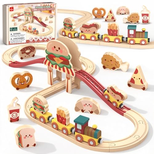 Burger-Themed Wooden Train Track Set for Toddlers