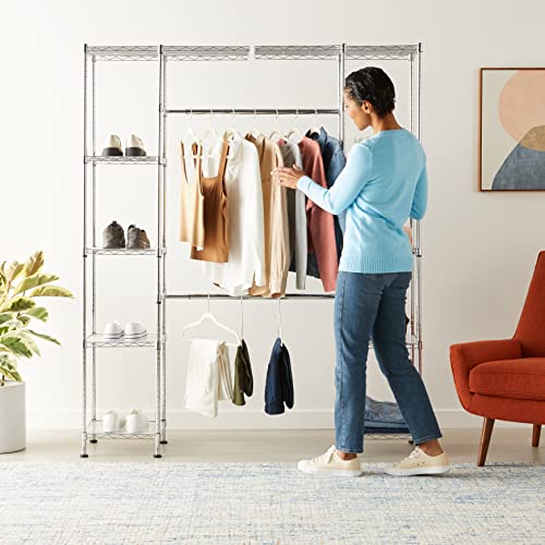 Amazon Basics Expandable Adjustable Metal Hanging Storage Organizer Rack Wardrobe with Shelves, 57-80 x 14 x 72 inches (LxWxH), Chrome