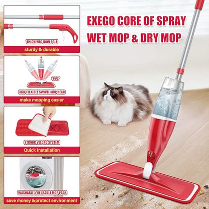 Spray Wet Mops for Hardwood Floor Cleaning - EXEGO Microfiber Dry Dust Spray Mop with Washable Pads fit for Swiffer PowerMop, Wet Jet Mop Flat Floor Mop with Sprayer for Wood Laminate Ceramic Tiles