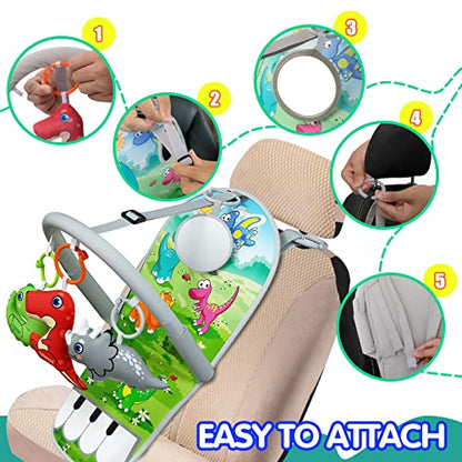 UNIH Car Seat Toys for Baby Infant 6 Months and Up, Pedal Piano Adjustable Carseat Toys with Music, Baby Mirror and Hanging Squeaky Sensory Soft Baby Toys 6 to 12 Months