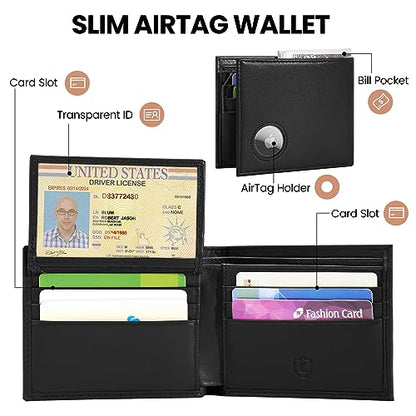 LAKIPETN AirTag Wallet - Bifold Genuine Leather RFID Blocking Men's Wallets With Air Tag Holder Compatible with Apple Air Tag,ID Windows,2 Bill Divider,11 Cards Holders, with Gift Box (Classic Black)