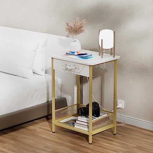Yenlure Side Table Night Stands End Table with Charging Station Narrow Side Table Living Room Bedroom Small Side Tables for Small Spaces White
