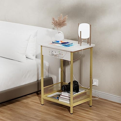 Yenlure Side Table Night Stands End Table with Charging Station Narrow Side Table Living Room Bedroom Small Side Tables for Small Spaces White