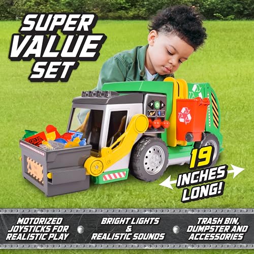 Maxx Action 3-N-1 Maxx Recycler – Large Motorized Garbage Truck Toy for Kids – Learning Activity Vehicle Includes Dumpster, Trash Bin and Miniature Trash Pieces – Green, 19 Inches