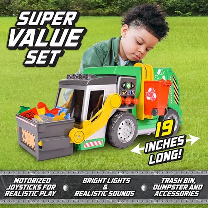 Maxx Action 3-N-1 Maxx Recycler – Large Motorized Garbage Truck Toy for Kids – Learning Activity Vehicle Includes Dumpster, Trash Bin and Miniature Trash Pieces – Green, 19 Inches