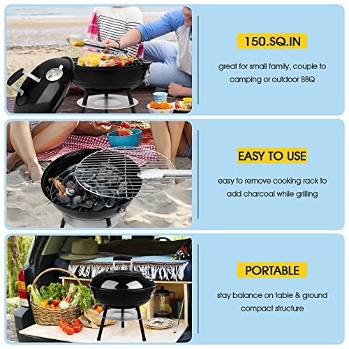 14 Inch Charcoal Grill, HaSteeL Mini Enamel BBQ Grill Set of 9, Portable for Outdoor Cooking Backyard Garden Camping Picnic Barbecue, Include Fork, Brush, Bottle, Salt Shakers, Hooks, Screwdriver