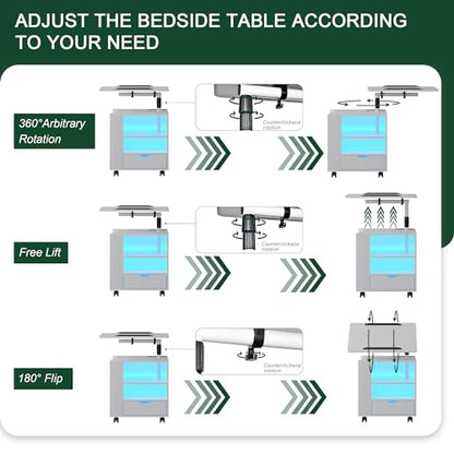 HNEBC LED Nightstand with Wireless Charging Station,White Nightstand Has Adjustable Rotary Table,Bedside Tables with One Drawer and 2 Mezzanines/Infrared Induction 3 Color Lighting (On The Left)