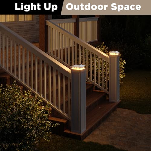 Solar Post Cap Lights Outdoor 8pack, White Waterproof Solar Powered Deck Fence Post Lights Fit 4x4 Wood/Vinyl Posts, Bright Warm White Solar Post Lights Decorate Deck, Patio, Porch, Fence