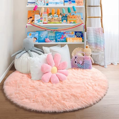 Fluffy Pink Round Rug for Girls Room