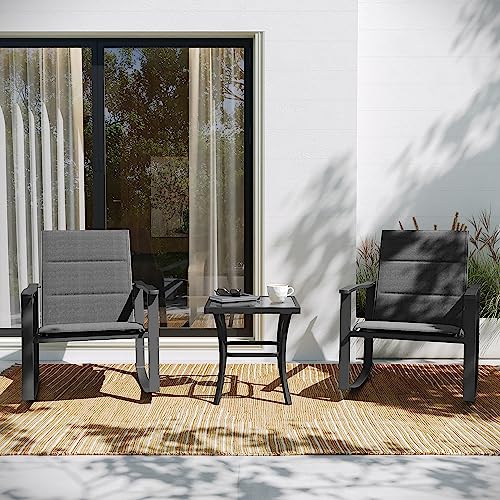 Flash Furniture Brazos 3 Piece Outdoor Rocking Chair Bistro Set with Flex Comfort Material and Metal Framed Glass Top Table, Black/Black