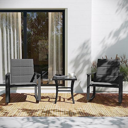 Flash Furniture Brazos 3 Piece Outdoor Rocking Chair Bistro Set with Flex Comfort Material and Metal Framed Glass Top Table, Black/Black