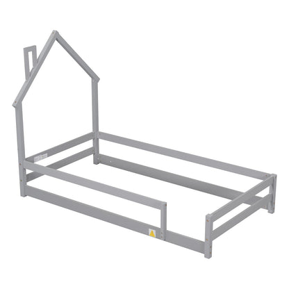 Pine Wood Twin Floor Bed Frame with Guardrails