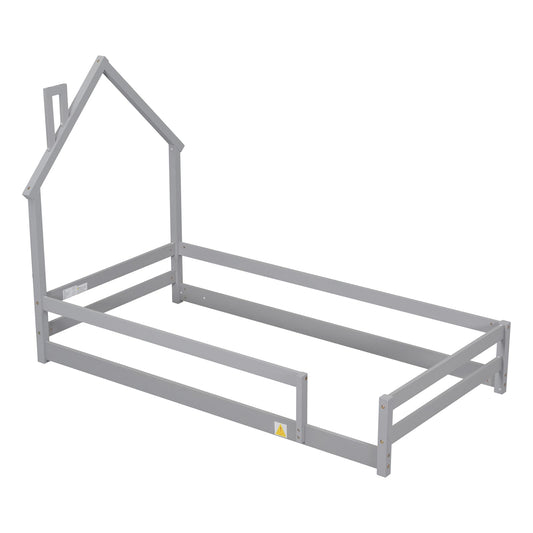 Pine Wood Twin Floor Bed Frame with Guardrails