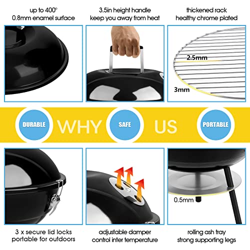 14 Inch Charcoal Grill, HaSteeL Mini Enamel BBQ Grill Set of 9, Portable for Outdoor Cooking Backyard Garden Camping Picnic Barbecue, Include Fork, Brush, Bottle, Salt Shakers, Hooks, Screwdriver