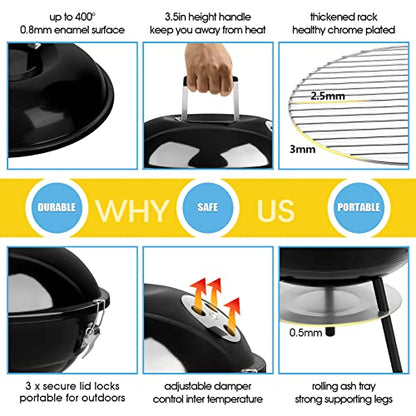 14 Inch Charcoal Grill, HaSteeL Mini Enamel BBQ Grill Set of 9, Portable for Outdoor Cooking Backyard Garden Camping Picnic Barbecue, Include Fork, Brush, Bottle, Salt Shakers, Hooks, Screwdriver