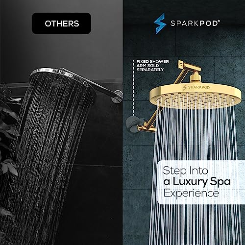 SparkPod Round Rain Shower Head with Shower Head Extension Arm - High Pressure Rain - Luxury Modern Look - No Hassle Tool-less 1-Min Installation (11" Shower Arm Extension, Egyptian Gold)