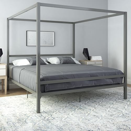 King Metal Canopy Bed with Headboard, No Box Spring