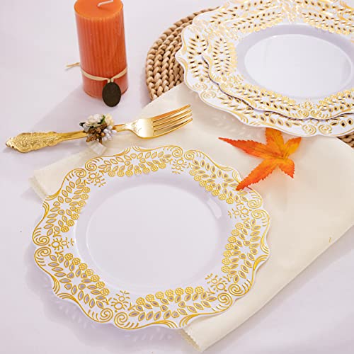 UPDATE: SOLD OUT! BUCLA 125PCS Gold Plastic Plates with Disposable Cutlery - White and Gold Plastic Dinnerware Include 25 Gold Dinner Plates, 25 Gold Dessert Plates, 25 Knives, 25 Forks, 25 Spoons for Thanksgiving