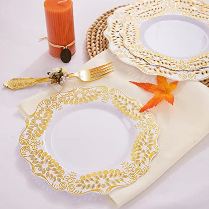 UPDATE: SOLD OUT! BUCLA 125PCS Gold Plastic Plates with Disposable Cutlery - White and Gold Plastic Dinnerware Include 25 Gold Dinner Plates, 25 Gold Dessert Plates, 25 Knives, 25 Forks, 25 Spoons for Thanksgiving