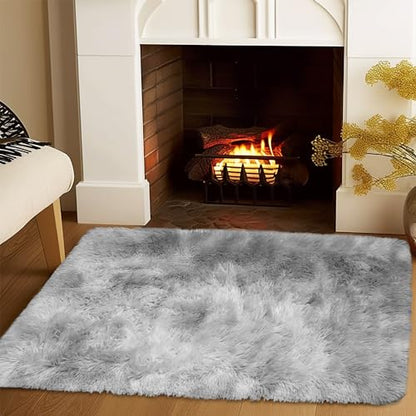 Awaytail Fluffy Rug Non Slip 4x6 Feet, Grey Tie-dye Soft Rugs for Bedroom, Light Grey Super Soft Plush Rug for Living Room