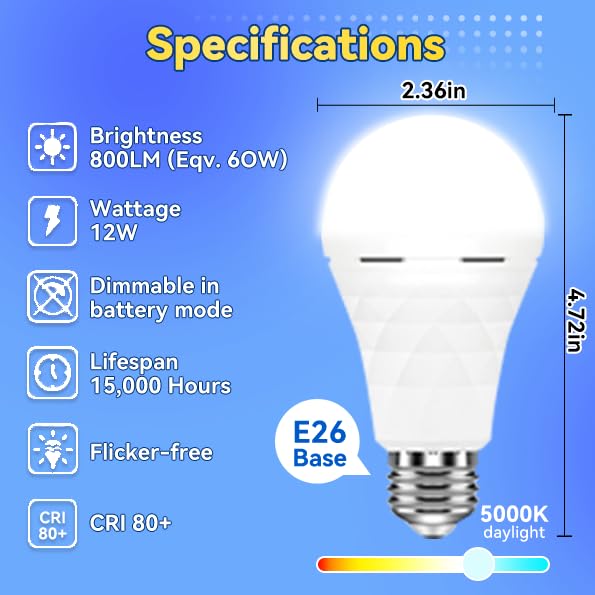 Rechargeable Emergency Light Bulbs, 2600mAh Backup