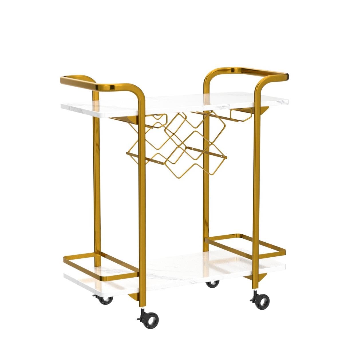 Jubao Deluxe Gold Bar Cart, 2-Tier Premium Texture Bar Cart for Kitchen and Dining Room Outdoor, with Glass Holders and 5 Wine Racks, Modern Marbled Solid Wood Cart on Silent Wheels