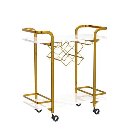 Jubao Deluxe Gold Bar Cart, 2-Tier Premium Texture Bar Cart for Kitchen and Dining Room Outdoor, with Glass Holders and 5 Wine Racks, Modern Marbled Solid Wood Cart on Silent Wheels