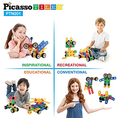 PicassoTiles STEM Learning Toys 201 Piece Building Block Kids Construction Engineering Kit Toy Blocks Children Early Education Playset w/Free IdeaBook, Power Drill, Clickable Ratchet, Age 3+ PTN201