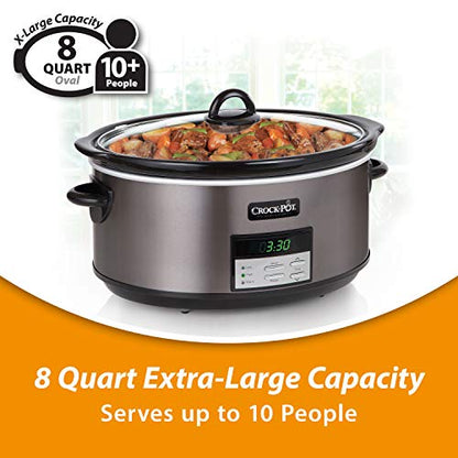 Crock-Pot Large 8 Quart Programmable Slow Cooker with Auto Warm Setting and Cookbook, Black Stainless Steel (Pack of 1)