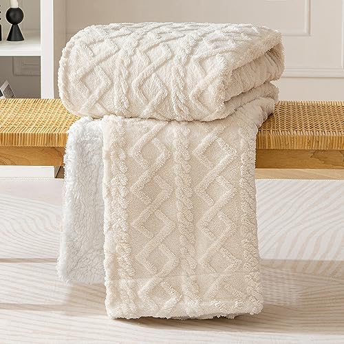 MIULEE Sherpa Blanket for Couch Sofa Chair, Thick Warm Reversible Sherpa Fleece with 3D Stylish Jacquard Weave Design, Super Soft Cozy Fluffy Plush Fuzzy Throw for All Season, 50x60, Beige