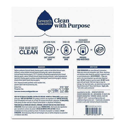 Seventh Generation Dishwasher Detergent Packs for sparkling dishes Free & Clear Dishwasher Tabs, 72 Count (Pack of 1)