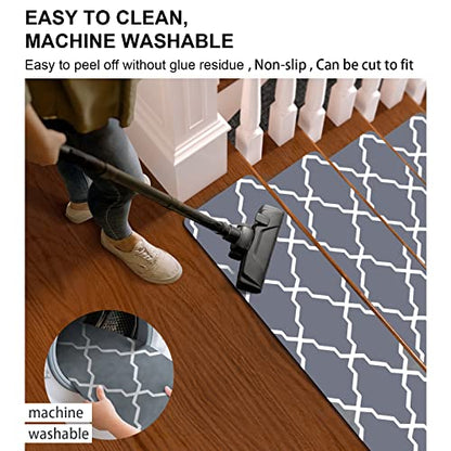 Non-Slip Stair Treads for Wooden Steps Stair Treads Carpet Indoor, 15 pcs 8 * 30 inch, Rubber Backing Repeated Use No Glue Quick-Dry Machine Washable, for Baby Pets, Grey Plaid