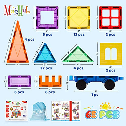 MagHub Magnetic Tiles 65 Piece Colorful Magnetic Blocks Set with car, Unique Clear 3D Magnetic Building Blocks for 3+ Years Old Boys and Girls, STEM Construction Preschool Magnets for Kids Toddlers