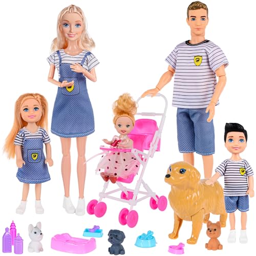 6 Piece Family Doll Playset with Stroller & Pets
