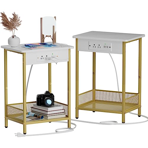 Yenlure Side Table Night Stands End Table with Charging Station Narrow Side Table Living Room Bedroom Small Side Tables for Small Spaces White