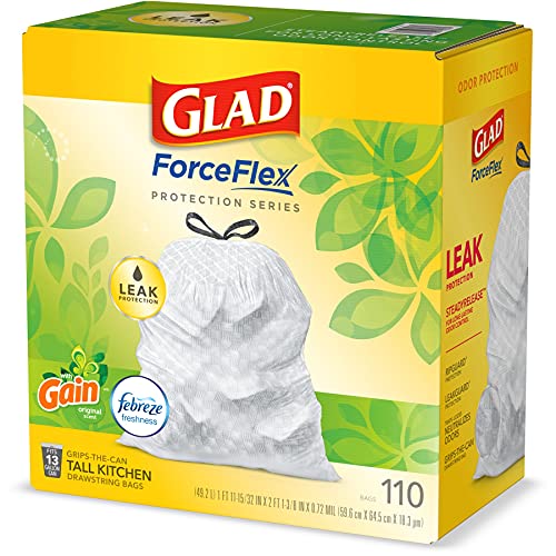 GLAD ForceFlex Tall Kitchen Drawstring Trash Bags, 13 Gallon White Trash Bag for Kitchen Trash Can, Gain Original Scent, Odor Shield, Odor Eliminator, Leak Protection, 110 Count