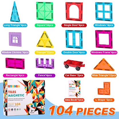 OugerToy Magnetic Building Tiles for Kids,104PCS Educational Magnetic Stacking Blocks, Magnets Construction Toys,STEM Toys Christmas Toy Gift for Toddlers,Kids Boys and Girls 3 4 5 6 7 8 9+Year Old