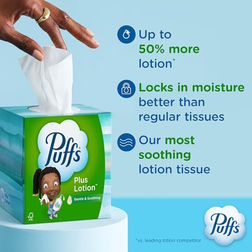Puffs Plus Lotion Facial Tissues, 8 Family Boxes, 124 Facial Tissues per Box, Allergies and Colds