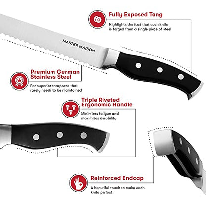 Master Maison 8" Professional Stainless Steel Bread Knife Set - Bread Knife, Bagel Knife, Kitchen Knife, Sharp Knife Blade - Bread Knife & Knife Sheath Included - Great for Home & Professional Use