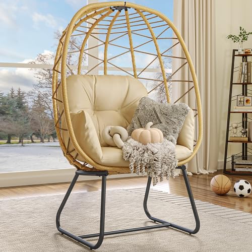 YITAHOME Egg Chair with Stand Outdoor Indoor Egg Lounge Chair with Cushion Wicker Chair PE Rattan Chair Included for Patio, Garden, Backyard, Porch, Beige