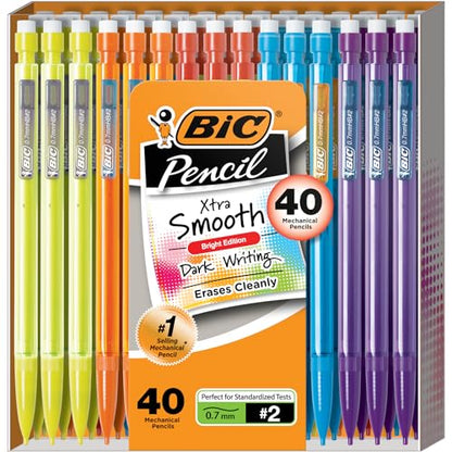 BIC Xtra-Smooth Mechanical Pencils with Erasers (MPCE40-BLK), Bright Edition Medium Point (0.7mm), 40-Count Pack, Bulk Mechanical Pencils for School, Perfect Teacher Appreciation Gifts