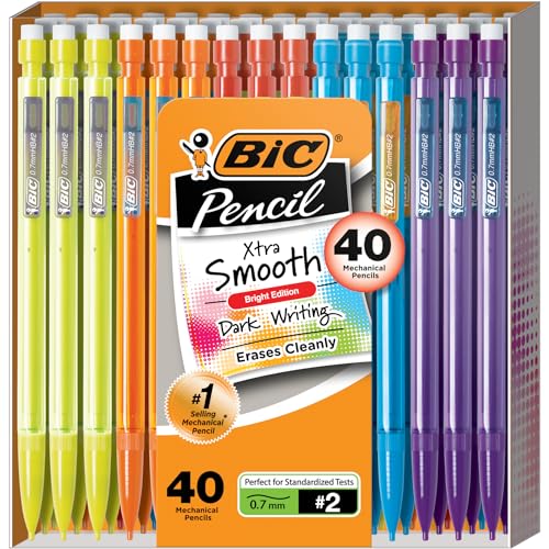 BIC Xtra-Smooth Mechanical Pencils with Erasers (MPCE40-BLK), Bright Edition Medium Point (0.7mm), 40-Count Pack, Bulk Mechanical Pencils for School, Perfect Teacher Appreciation Gifts