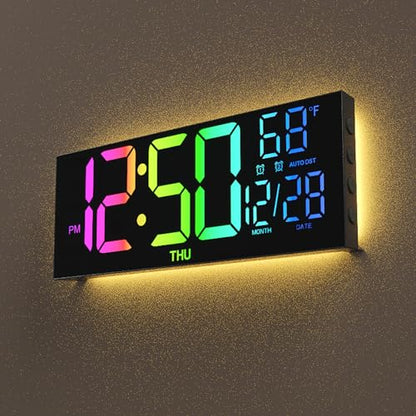 MEISD Digital Wall Clock, 13" Large Display Alarm Clock with Remote Control, RGB Colors, Dual Alarm, Auto-Dimming,Wall Clock with Night Light, Auto DST, Date Week,Temperature for Living Room, Bedroom
